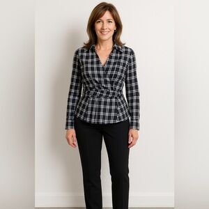 Talbots Womens Blouse Sz 12 Black White Plaid Stretch Cotton Faux Wrap Top Shirt